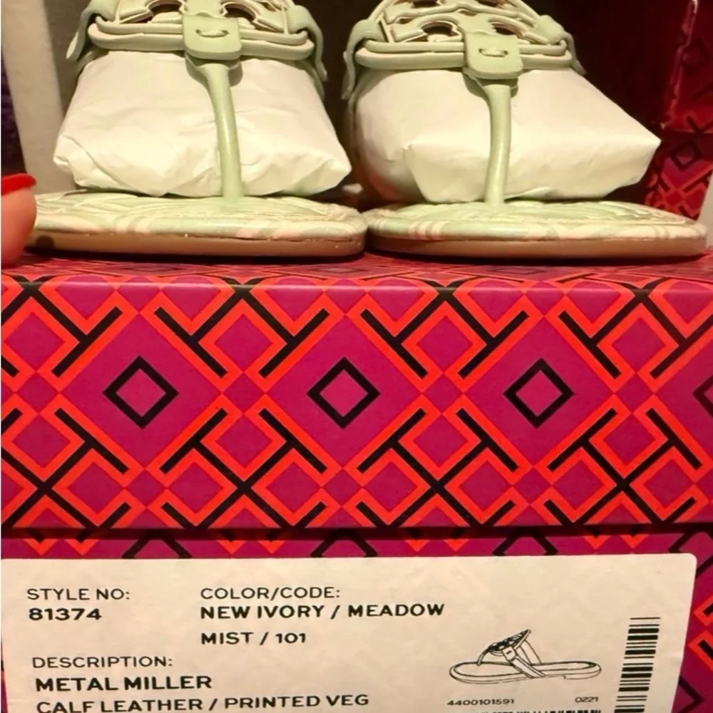 NEW TORY BURCH METAL MILLER SANDAL LEATHER/NEW IVORY MEADOW MIST SIZE 9 Shoes